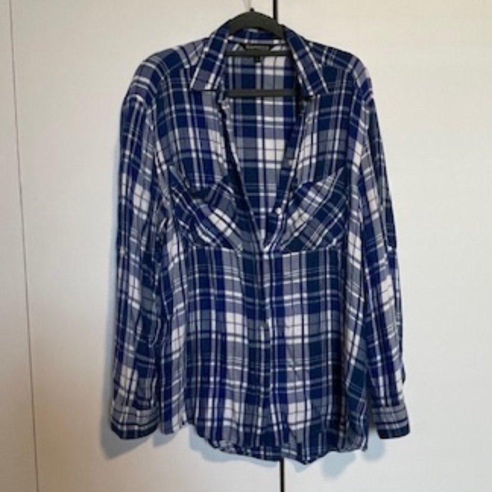 Express Boyfriend Fit Flannel - Blue/White, Size: Small